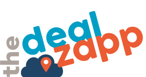 The DealZapp Logo. Blue and orange bold font with a cloud widget and location widget. Light grey backround